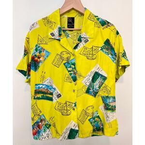 Vintage Dana B And Karen Yellow Postmark Travel Print Button Up Silk Blouse W 14